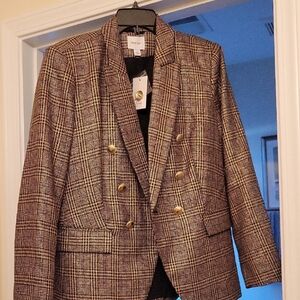 Nine West Brown Plaid Blazer with Gold Buttons